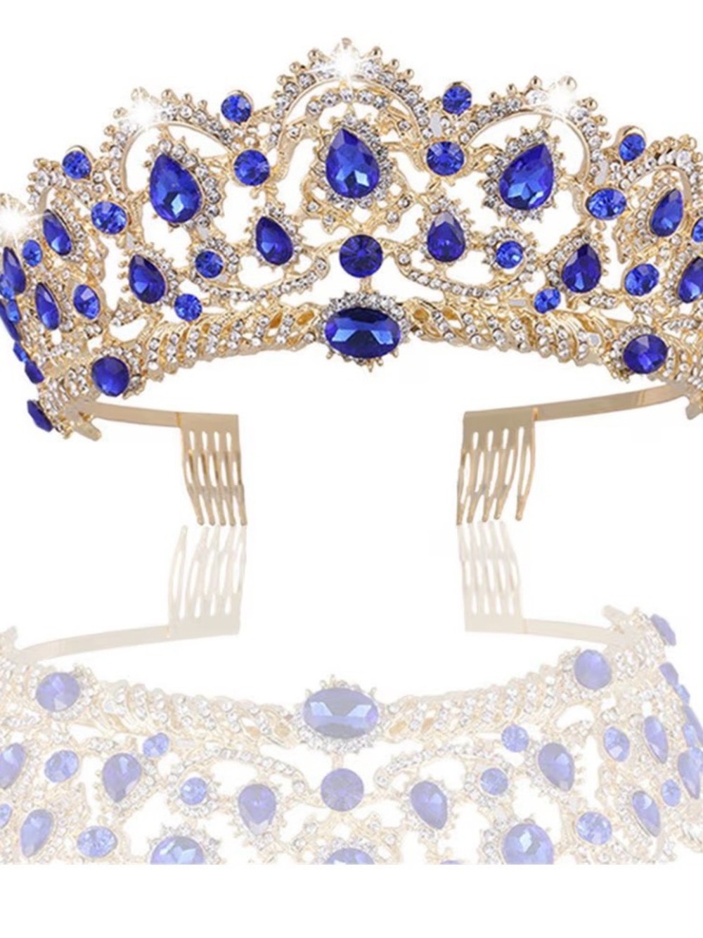 Gold Princess Tiara with Sapphire Blue Crystal Accents .